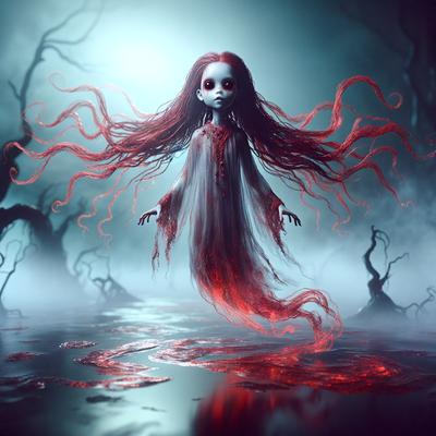 The primary subject of the image is a ghostly figure, possibly a little girl, with long red hair and a white dress. The setting is a dark, foggy forest with trees and water. The visual style is a digital art or illustration, creating a moody and mysterious atmosphere. The dominant colors are red and white, with the red hair and white dress of the ghostly figure standing out against the dark background.
